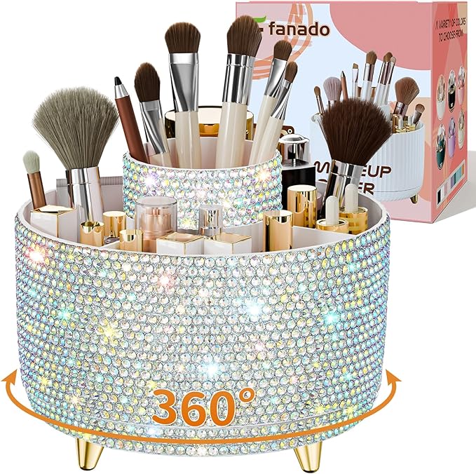 Bling 360Â° Rotate Makeup Brush Holder Organizer, Makeup Organizers Countertop, Makeup organization and Skincare Storage for Vanity, Gift for Women Girls (Bling dz-White AB)