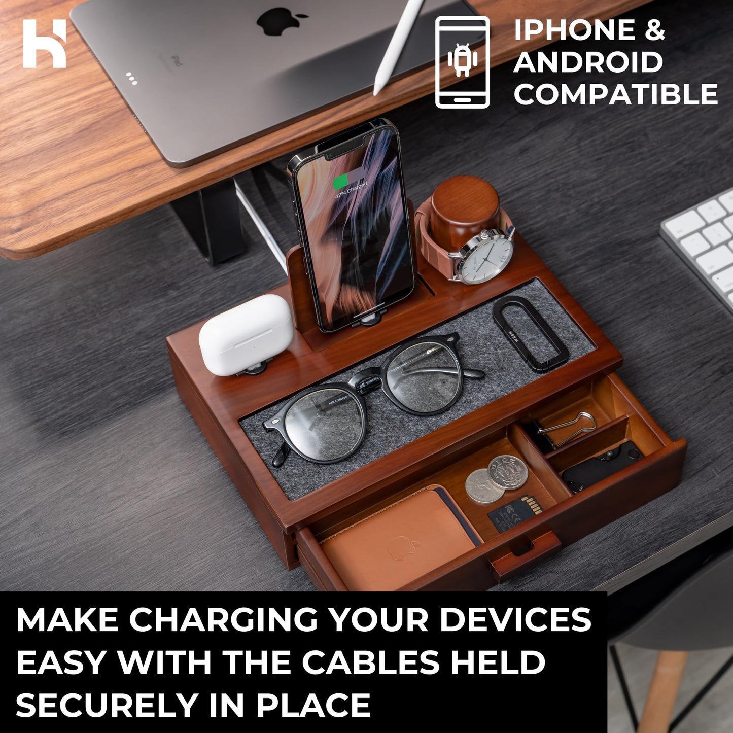 Holme & Hadfield Premium Wooden Phone Docking Station with Drawer – Nightstand Organizer for Charging Phone & Earbuds – Declutter Your Space with Felt-Lined Protection & Watch Pillar - Gift For Men