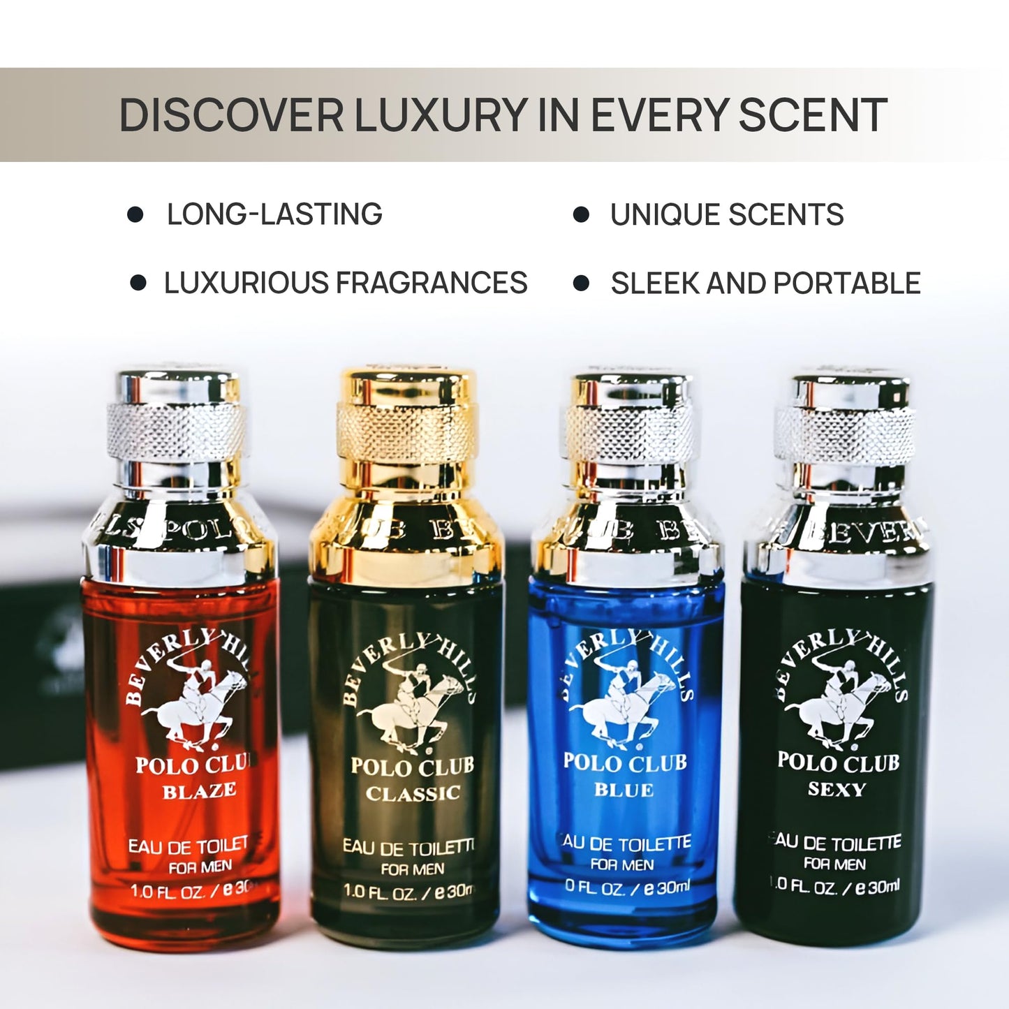 Beverly Hills Polo Club Exclusive Fragrance Collection For Men With 4 Different Fragrances, Blaze, Blue, Classic, and Sexy, 1fl oz Each (Pakaging May Vary)