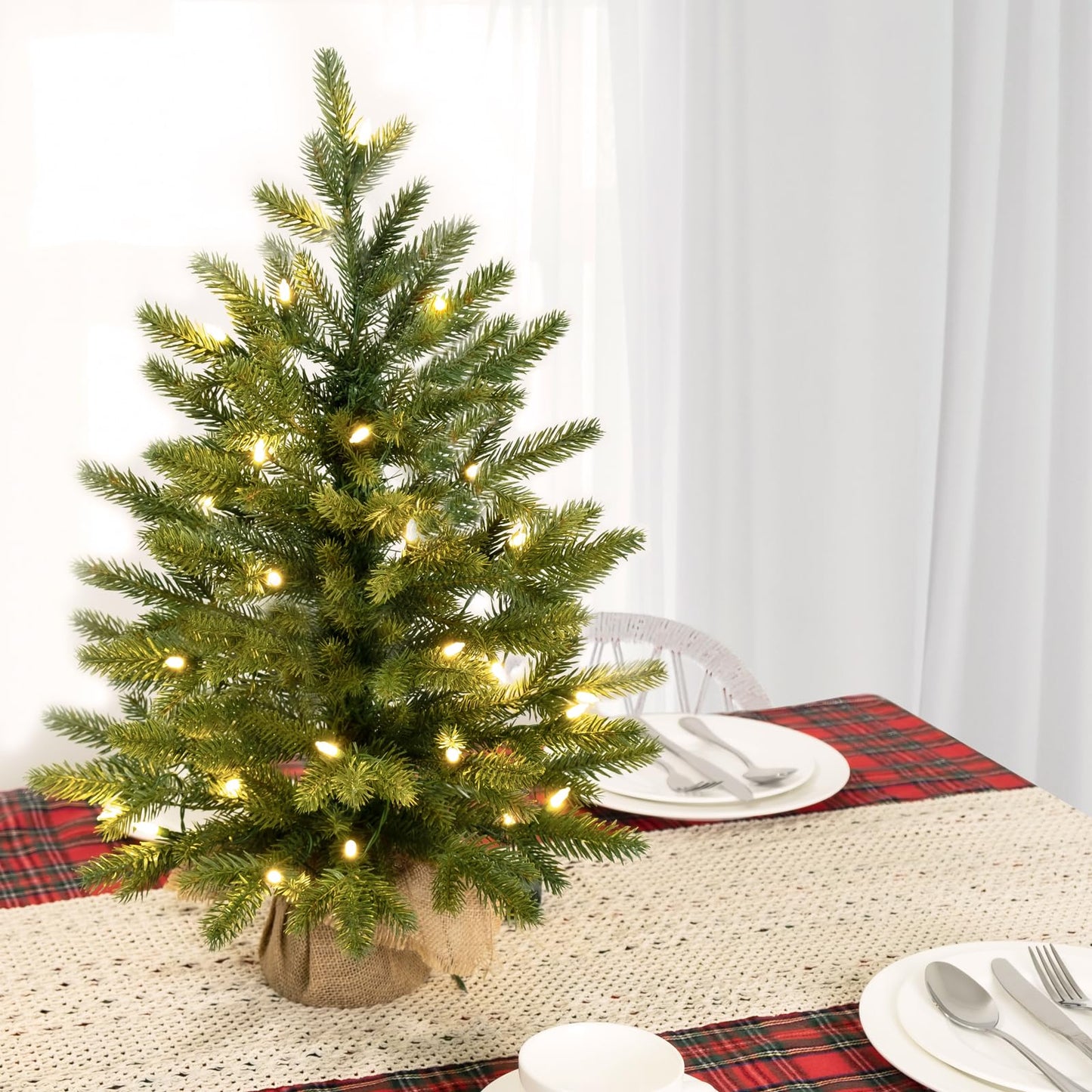 Mini Christmas Trees 24" with 25 LED Lights, 2 ft Decorated Burlap Artificial Tabletop Christmas Trees Home Party Decoration for Kitchen Dining Room Window