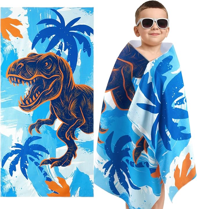 WERNNSAI Dinosaur Kids Beach Towel for Boys - 30” x 60” Quick Dry Sand-Free Swim Towels for Boys Super Soft Absorbent Towel, Pool Camping Travel Bath Towel for Outdoor Sports Picnic