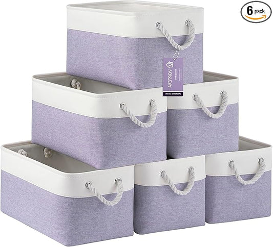Large Storage Baskets- 15x11x10 inch Storage Bins for Shelves and Closet Organizing, Foldable Fabric Bin for Home Organization Clothes and Laundry (6-Pack, White&Purple)
