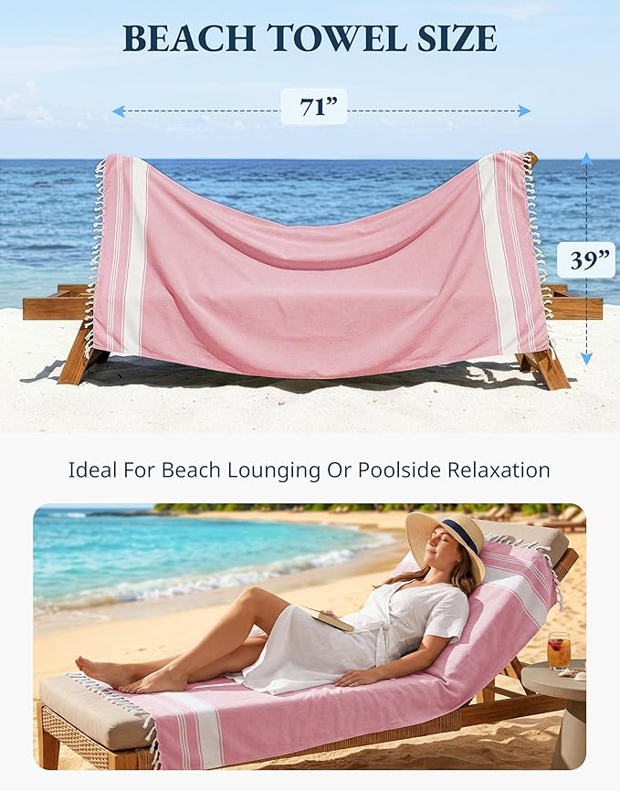 LANE LINEN Large Beach Towel, Turkish Towel, Lightweight Beach Towels for Adults, 39"x71" Oversized Pool Towels, Absorbent, Quick Dry, Durable Sand Proof Beach Towel, 39"x71" - Candy Pink