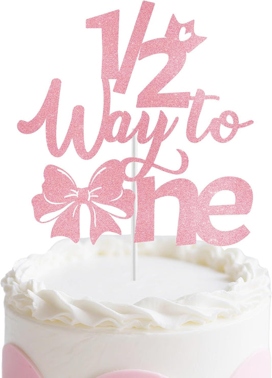 Half Birthday Decorations for Girls, Pink Bow 1/2 Birthday Cake Topper for 6 Months Baby, Halfway to One Baby Girl Party Supplies