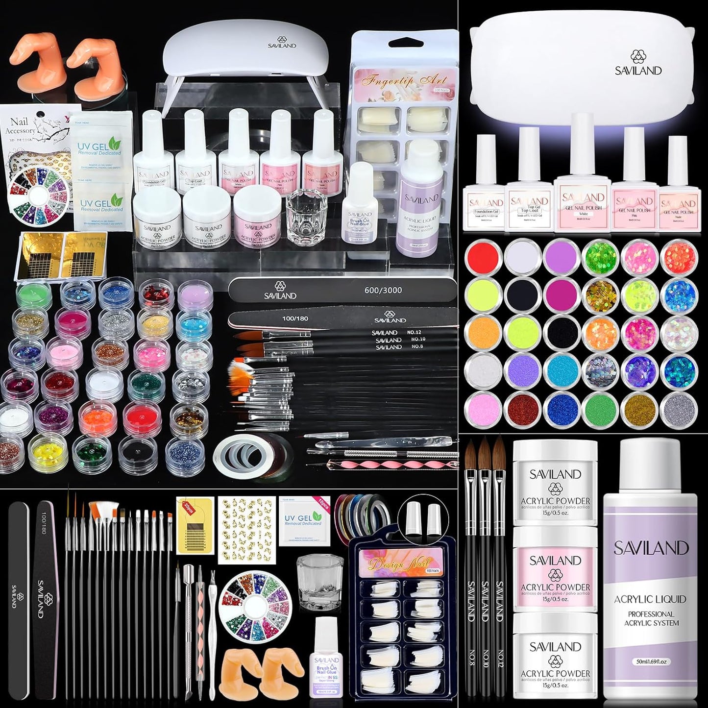 SAVILAND Essentials Acrylic Nail Kit for Beginners with Everything: Professional Nail Kit Acrylic Set with Acrylic Powder Liquid Nail Brush Gel Nail Polish Gel X Lamp Home Nail Salons Kit Manicure DIY