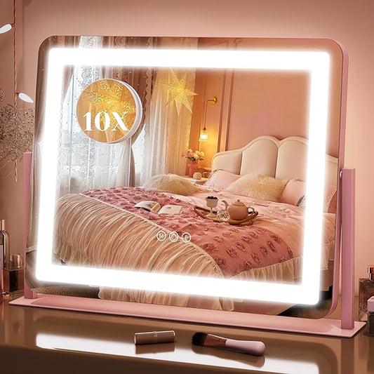 FENNIO Vanity Mirror with Lights 22''x17'' Makeup Mirror,Vanity Mirror Touch Screen with 3-Color Lighting,Dimmable,for Vanity Desk Tabletopï¼Pinkï¼