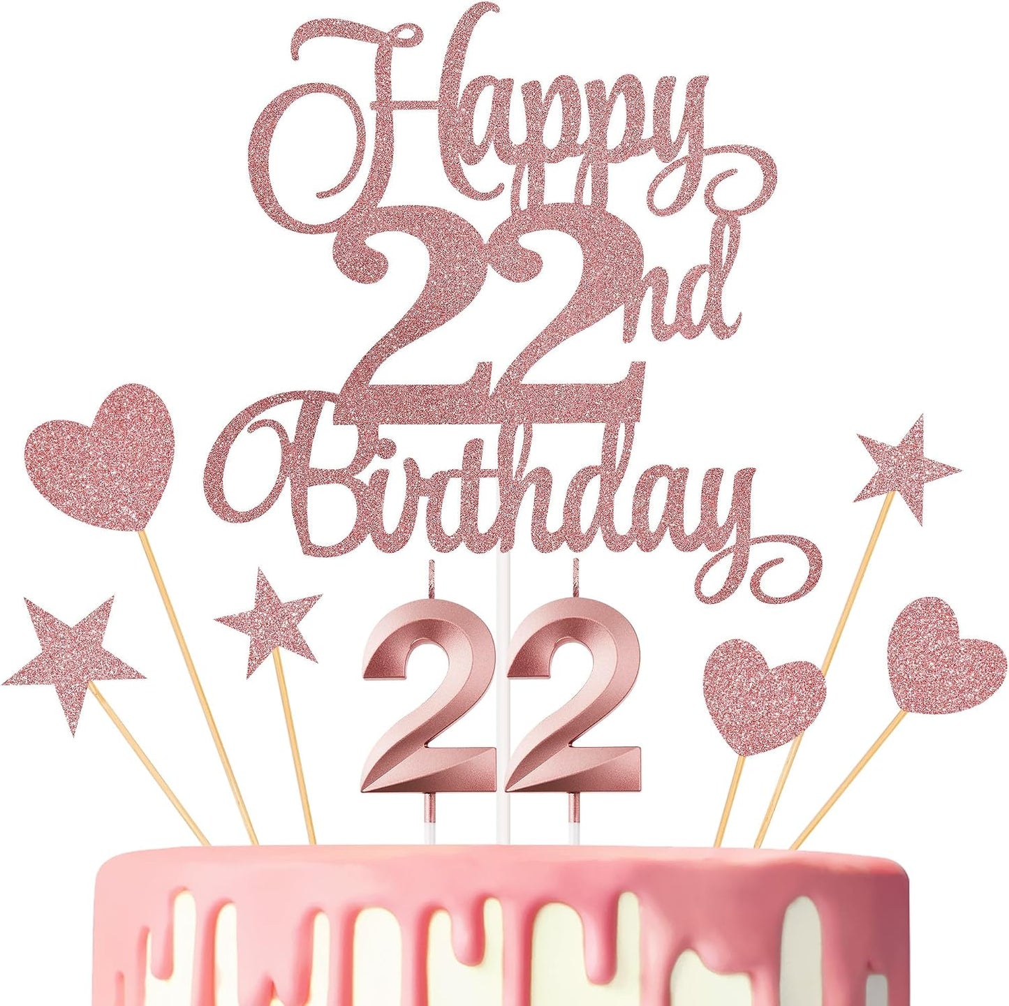 22nd Birthday Cake Toppers, 22nd Birthday Candles Numeral Candles and Glitter Cake Decorations Toppers Set for Party Supplies (Rose Gold)