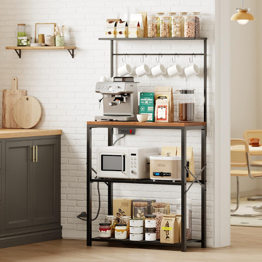 Txecpro kitchen Bakers Rack with Power Outlet, Coffee Bar Table 4 Tiers, Microwave Stand with 6 S-shaped Hooks, Kitchen Storage Shelf Rack for Spices, Pots and Pansï¼25.6" L x 12" W x 53.5" H