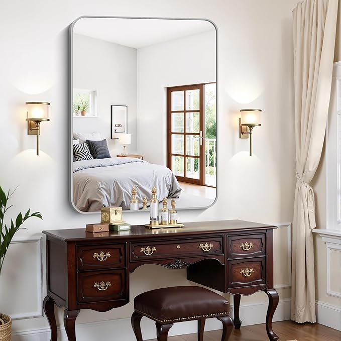 FORBATH 36x48 Inch Silver Bathroom Mirror for Over Sink, Large Rectangular Wall Mirror with Metal Frame, Rounded Corners for Bathroom, Bedroom, Entryway Decor (Horizontal or Vertical)