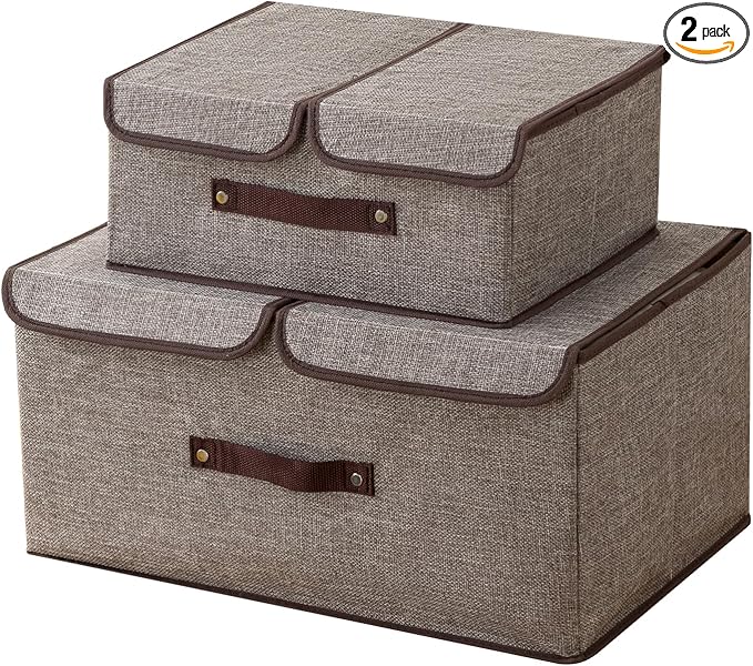 Linen Storage Boxes with Removable Dividers, 2-Pack Large Foldable Organizer Bins, Gray Fabric Containers with Handles for Clothes, Blankets, Underwear Storage (Green, 2Pack*37.5L)