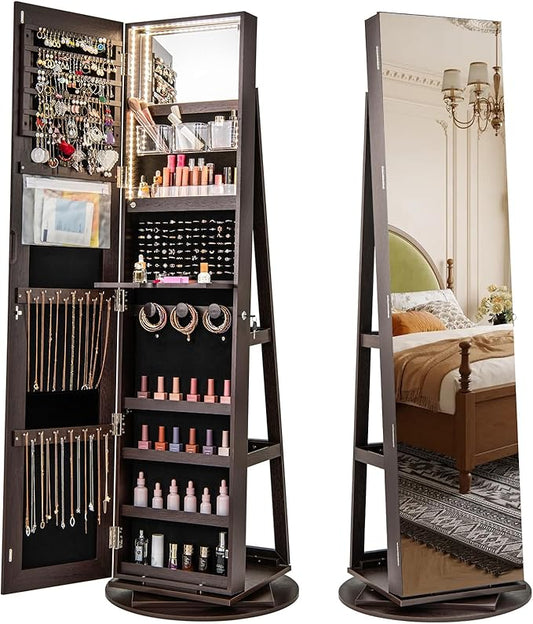 CHARMAID 360Â° Swivel Jewelry Armoire with Full Length Mirror, Rear Storage Shelves, Lockable Standing Jewelry Cabinet Organizer with Interior Vanity Mirror and 3-Color Lights (Espresso)