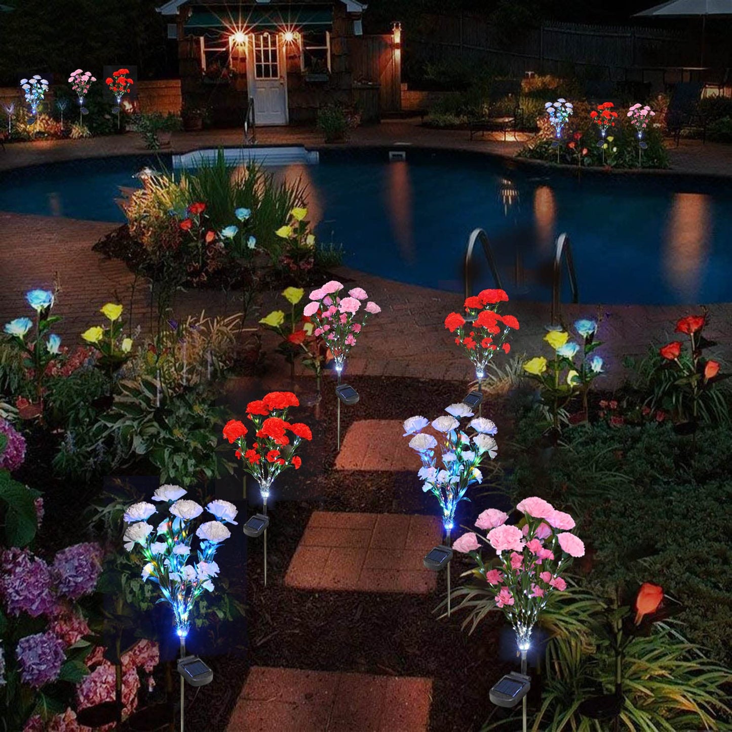 Abkshine Solar Lights Outdoor Garden, 21-Flower Artificial Carnations, Waterproof Solar Powered Flower Stake Lights, Mothers Day Christmas Birthday Gifts for Wife Mom Garden Yard Gravesite Decorations