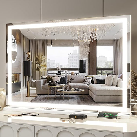 FENNIO Large Vanity Mirror with Lightsï¼35.5" x 27" LED Makeup Mirrorï¼Hollywood Mirror with 3 Color Modes & Adjustable Brightnessï¼Vanity Mirror Square White