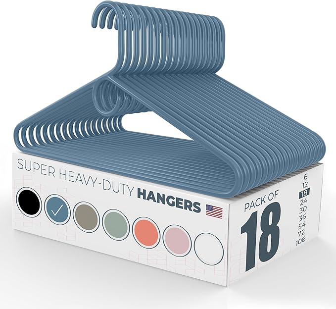 Neaties Super Heavy Duty Clothes Hangers 18 Pack â Made in The USA - 10lb Capacity, Thick Plastic Hangers for Pants, Coats, Jackets, Jeans and Adult Clothing â Blue