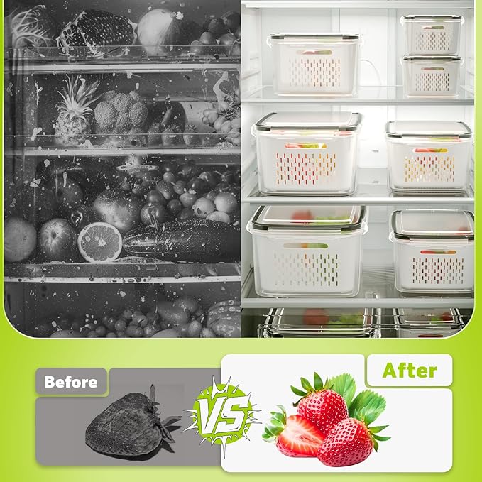 HOMETALL 8 Pack Fruit Storage Containers for Fridge, Fridge Organizers and Storage with Colander, Dishwasher & Microwave Safe Produce Containers Keep Fruits, Vegetables, Berry, Meat Fresh Longer