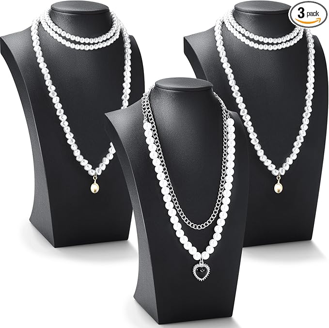 Kigley 3 Pcs Black PU Leather Jewelry Bust Display Necklace Display Stand Necklace Mannequin Holder for Jewelry Displays (9.8 x 3.0 x 5.7 Inches)