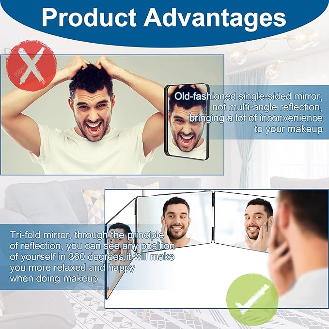 3 Way Mirror for Self Hair Cutting,360 Haircuts Men for Barber Use Tools,to See Back of Head,Tri Fold Mirror with Portable Height Adjustable Telescoping Hooks
