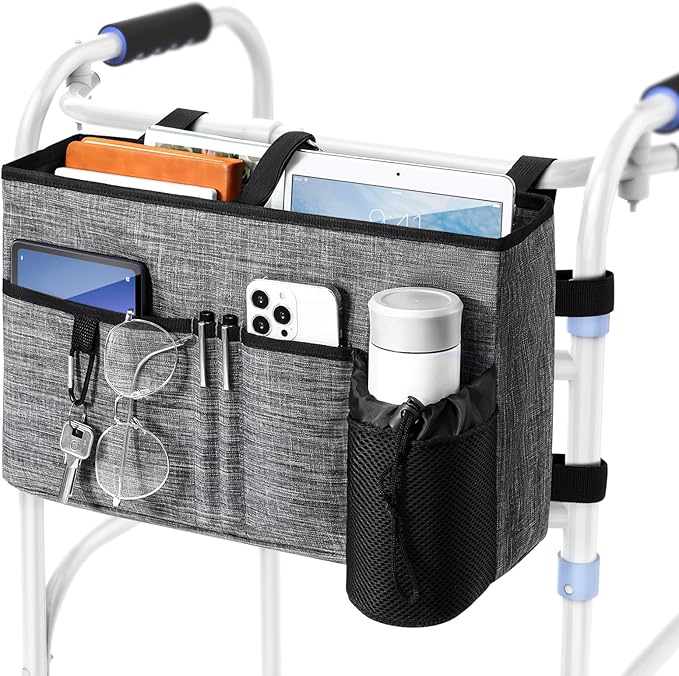 Rhino Valley Walker Bag, Secure Fit Walker Basket with Cup Holder, Large Capacity Foldable Walker Accessories for Seniors, Detachable Folding Walker Pouch Organizer for Older Elderly Gifts, Gray