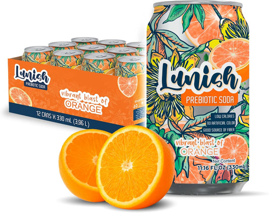 Lunish Prebiotic Soda Orange, Light & Refreshing Low Sugar Soda with 4g Prebiotic Fiber, Apple Cider Vinegar, 20 Calories, 12 Pack