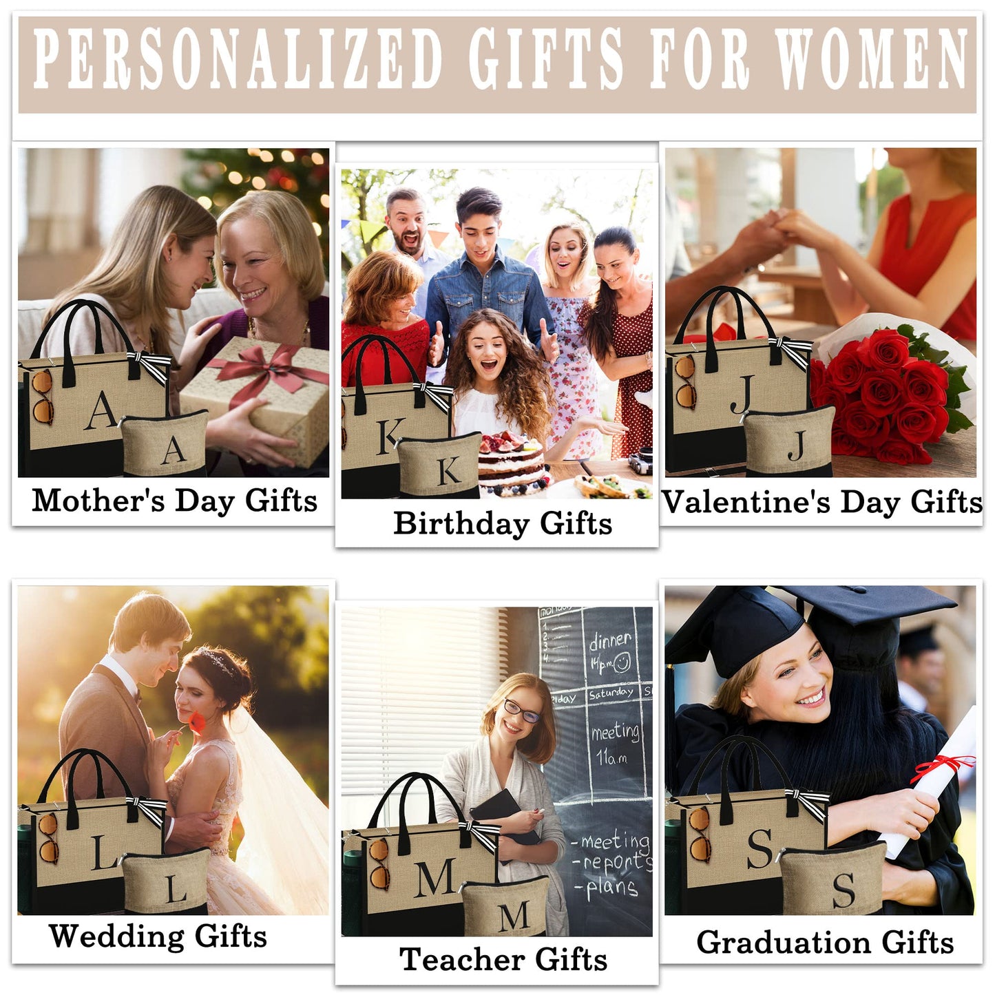 YOOLIFE Mom Birthday Gifts for Women, Personalized Best Friend Birthday Gift for Her Wife Sister Teacher Mom Gift, Personalized Initial Beach Bag, Gifts for Female - Initial J Tote Bag for Women