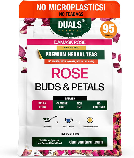Edible Rose Buds & Petals – Damask Rose for Cooking, Baking, Rose Tea & Garnish – 100% Natural, Non-GMO, Caffeine-Free – 4oz, 95 Servings – Duals Natural