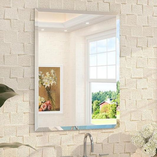 TETOTE 24" x 32" Rectangle Tempered Mirror with Frameless Beveled Edge for Vanity and Bathroom