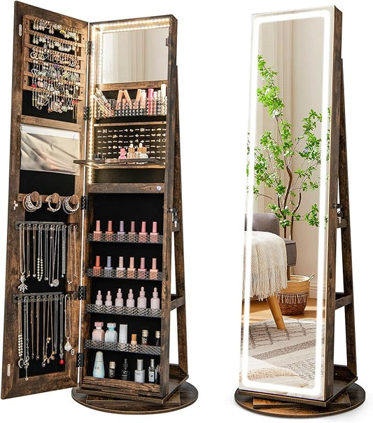 GOFLAME 360Â° Swivel Jewelry Cabinet Armoire with Full Length Mirror, Standing Jewelry Storage Organizer with Rear Storage Shelves, 3-Color LED Lights, Foldable Shelf, Interior Mirror, Rustic Brown