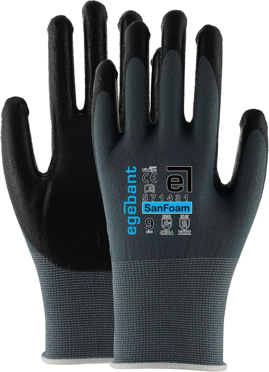 SanFoam Foam Nitrile Work Gloves, Safety Grip Gloves, Breathable Durable, Grey Liner, Sizes 6-11, 10 Pairs