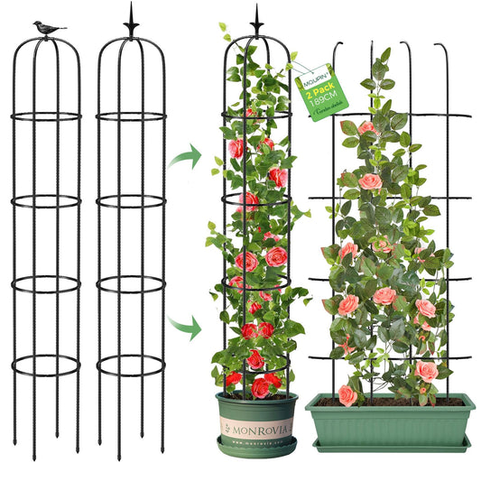 Tower Obelisk Garden Trellis for Climbing Plantï¼6.2FT/74.4" Rustproof Metal Potted Plant Climbing Support for Indoor Outdoor Flowers Vegetable Fruits Vines Support (2Pcs)