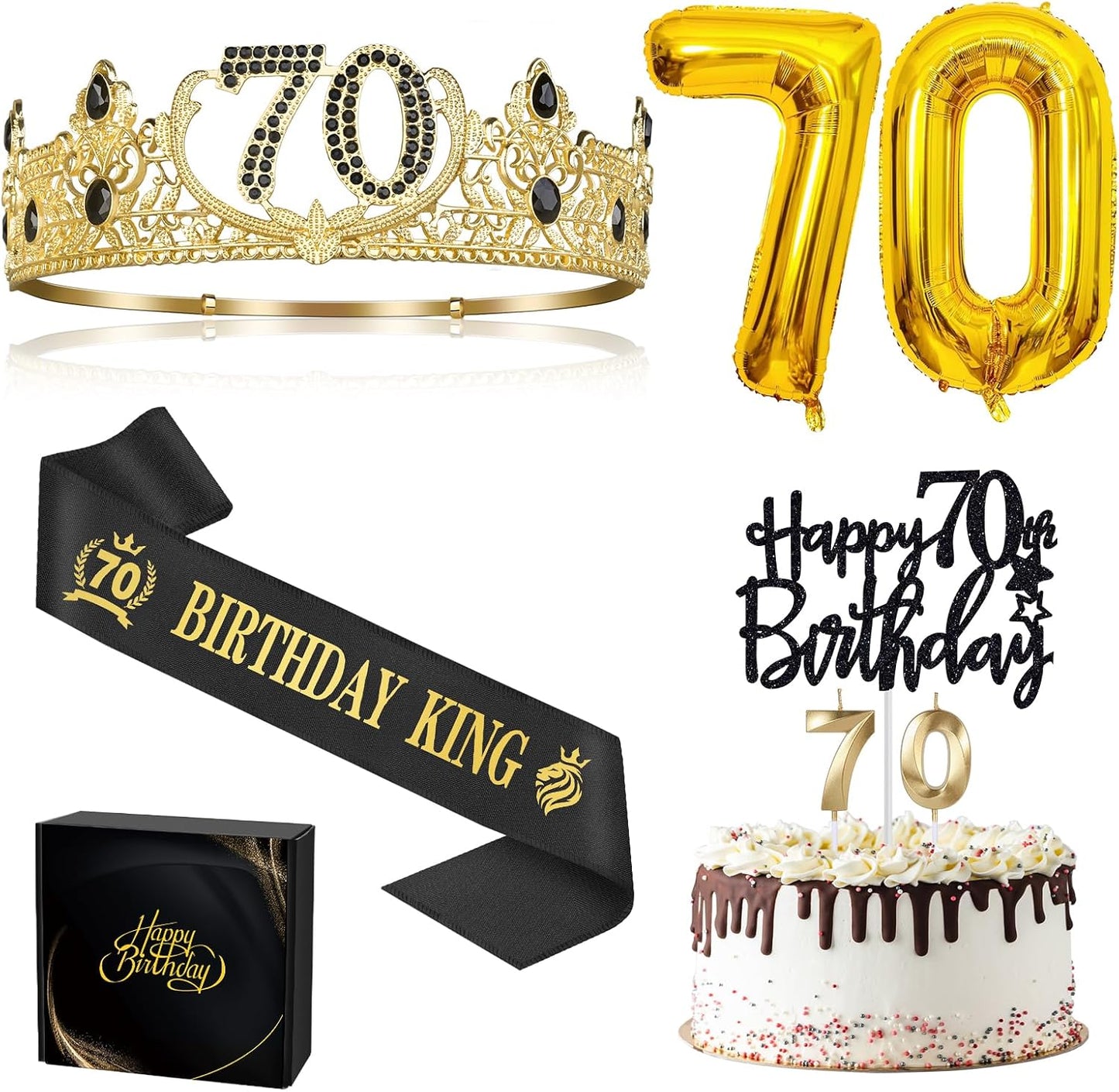70th Birthday Gifts for Men, 70th Birthday Decorations for Men, Party Decor Supplies Including King Crown & Sash & Balloons & Cake Topper & Candles