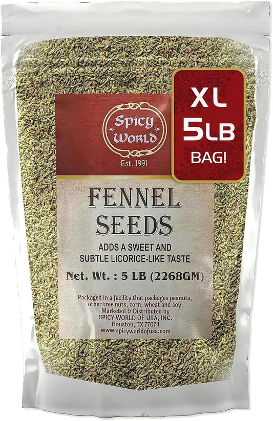 Spicy World Whole Fennel Seeds 5 Pound Bulk - All Natural, Sweet Licorice Flavor and Bright Green Color - Great for Fennel Tea, Snacking, and Cooking!