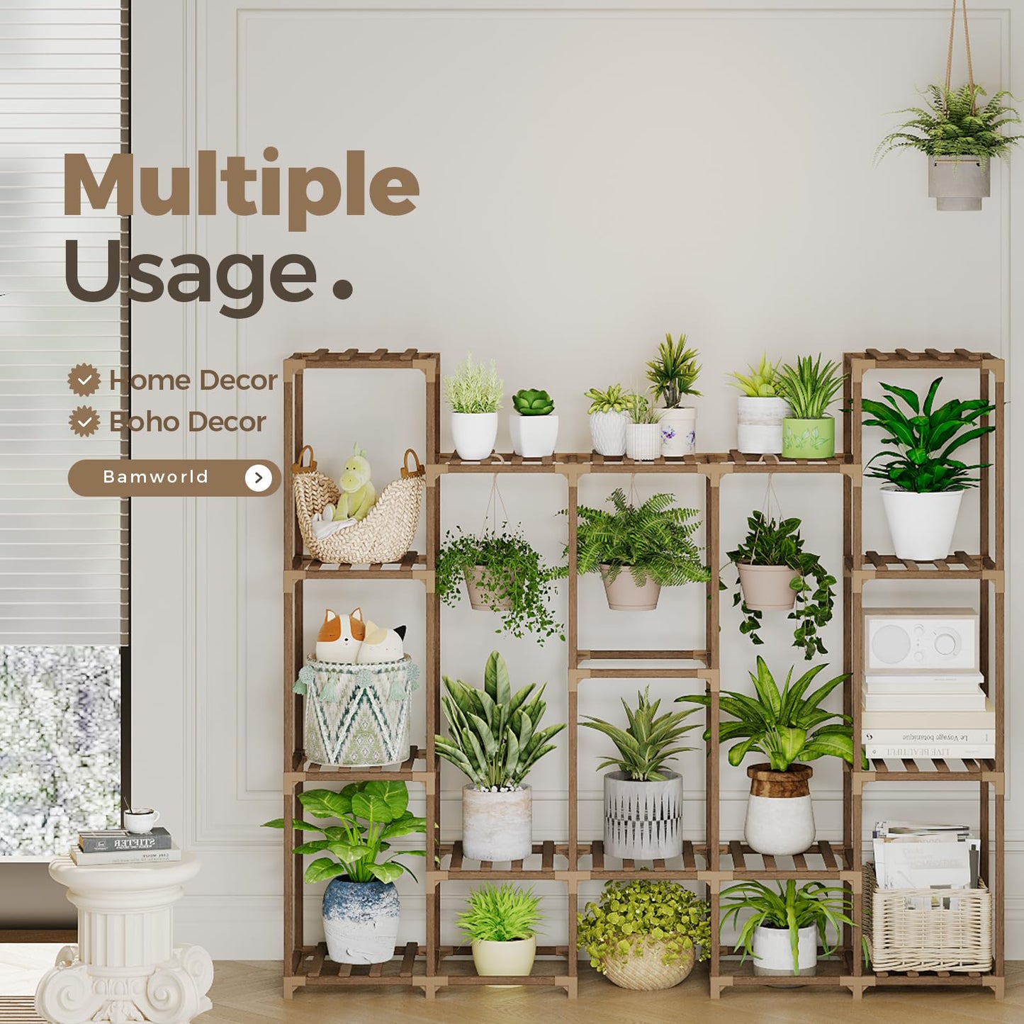Bamworld Large Plant Stand Indoor Outdoor Hanging Shelf for Multiple PlantsTall Large Holder for Living Room Patio Balcony Garden