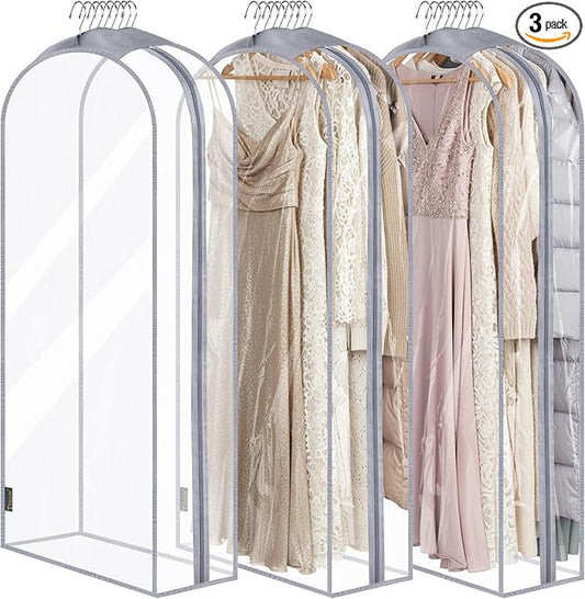 BALEINE 60'' Clear Garment Bags, 10.5'' Wide PEVA Suit Bag for Closet Clothes Dresses Suit Coats Storage (Clear, 3PK)