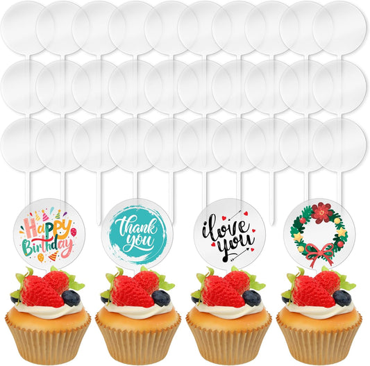 Blank Acrylic Cupcake Toppers, 10 Packs Round Cupcake Topper with Sticks, DIY Dessert Table Cupcake Signs, Suitable for Birthdays, Weddings, Christmas, Baby Showers Cake Decoration