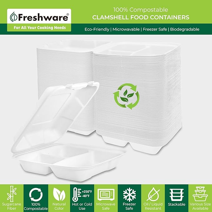 Freshware Compostable Clamshell Food Containers [8x8] 3-Compartment, Disposable - Paper Food Containers - Microwave & Freezer Safe, Stackable (Pack of 200)