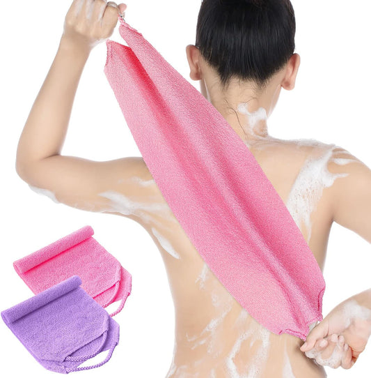 Exfoliating Back Scrubber with Handles for Shower for Women Exfoliating Back Cloth Body Extended Length Scrubber Towel Nylon Stretchable Pull Strap Wash Cloth for Bath Body 2 Pack