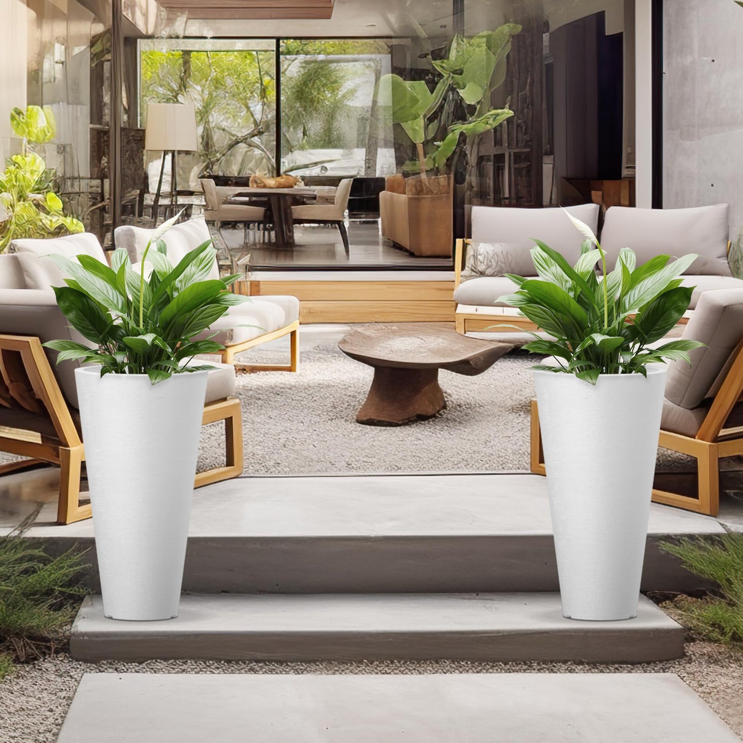 Kante Tall Round Planter Set of 2, 29 Inch Tall Decorative Planter Pots for Outdoor Indoor Garden Patio Front Porch (White)