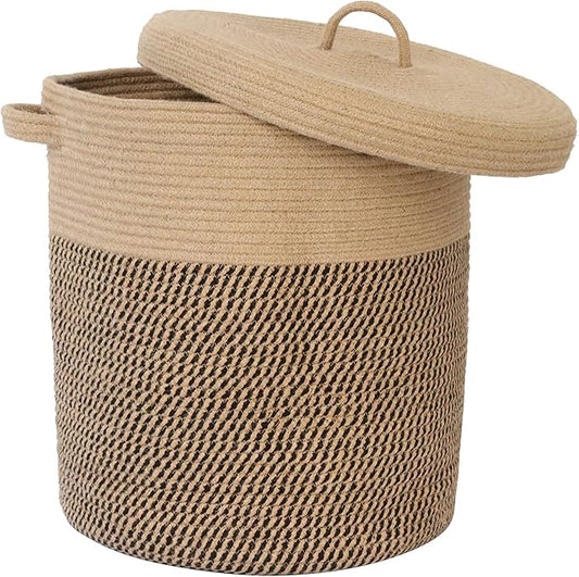 Extra Large Storage Basket with Lid 60L, 16"Wx18"H Woven Laundry Hamper Basket with Handle, Jute Rope Wicker Basket Blankets Pillows Storage in Living Room Baby Nursery, Jute/Black Mix includes Lid