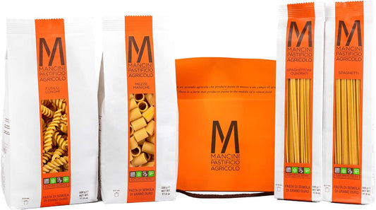 Mancini Pastificio Agricolo Pasta Mancini Handy Mini Gift Box - Includes Mezze Maniche,Fusilli Lunghi,Spaghetti and Spaghettoni Quadrati