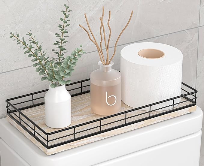Toilet Paper Basket Organizer â Ash Wood Toilet Tank Tray with Metal Frame, Back of Tank or Top Bathroom Counter Storage â Black & Whitewashed Modern Decor