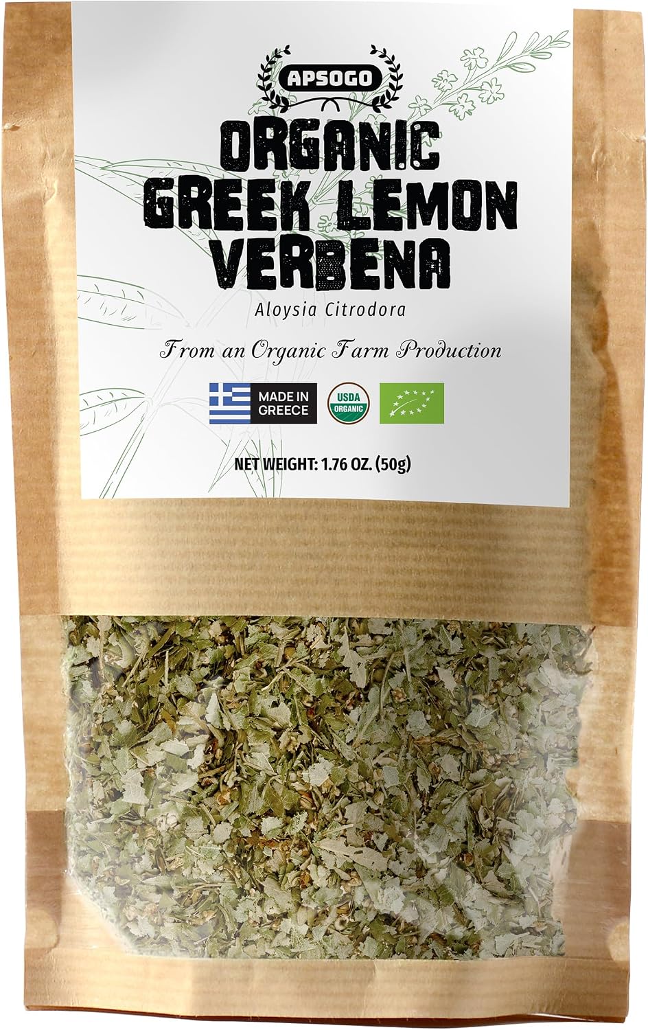 APSOGO Organic Lemon Verbena Tea (Aloysia Citrodora) Loose Leaf - Greek Herbal Tea, Caffeine Free, Fresh Citrus Flavor, Calming Digestive Herbal Infusion - 1.76oz