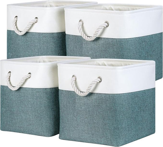 Temary 12 Inch Cube Storage Baskets 4 Pack Fabric Storage Bin for Organizing, Shelf Baskets for Home Office Closet, Collapsible Cube Storage Bins (White&Dark Green)
