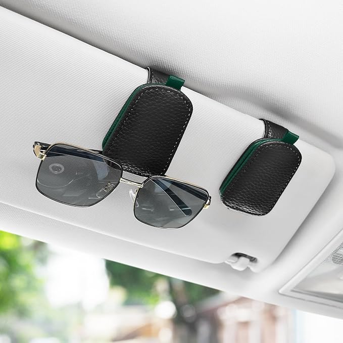 SINGARO Sunglasses Holder for Car, Leather Magnetic Buckle Sun Visor Sunglass Clip, Ticket Card Storage Glasses Clip, Car Interior Accessories for Men and Women（Black-Green）