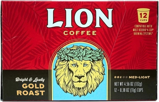 Lion Coffee Gold Roast Coffee Pods - Single-Serve Pods - Smooth Medium Roast - Arabica Coffee - Compatible with Single-Serve Brewing Systems - 12 Count Box