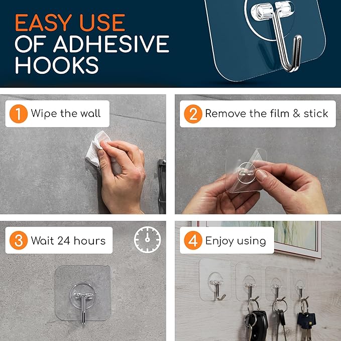 GLUIT Adhesive Wall Hooks for Hanging Heavy Duty 22 lbs Hooks for Walls No Damage, Towel Sticky Clear Hook, Waterproof, Home, Bathroom, Kitchen, Office, and Outdoor 10 Pack