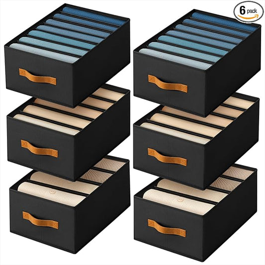Clothes Organizers and Storage - 4/5/7 Grids Fabric Jeans Organizer with Handles, Foldable Closet Organizers Dividers, Wardrobe organizer for Pant, Sweater, T-shirt, Scarf, 6 Pack, Black