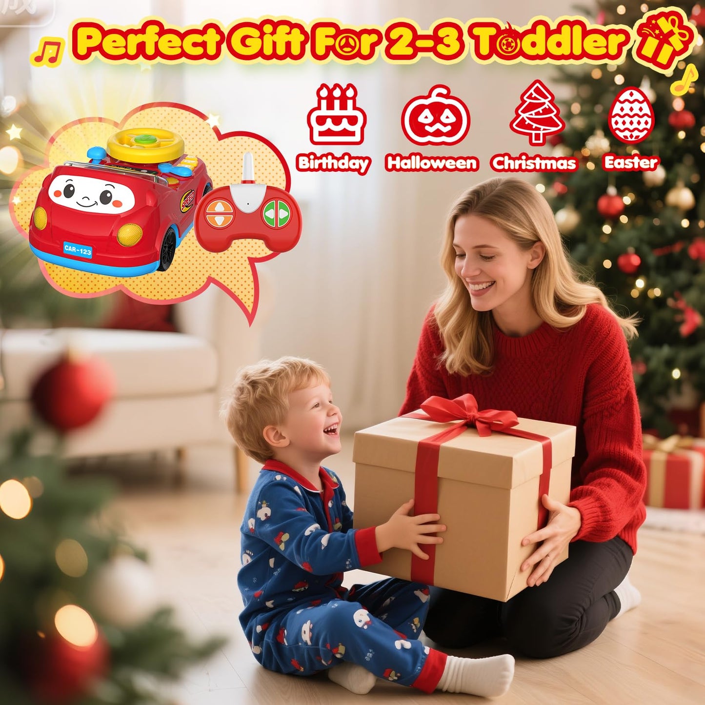Toddler Toys For Ages 2-4 Boy - Remote Control RC Push Car Racing Adventure Steering Wheel Driving Games,Interactive Learning Educational Christmas Birthday Gift For Kids Age 2 3 4(Yellow Red)