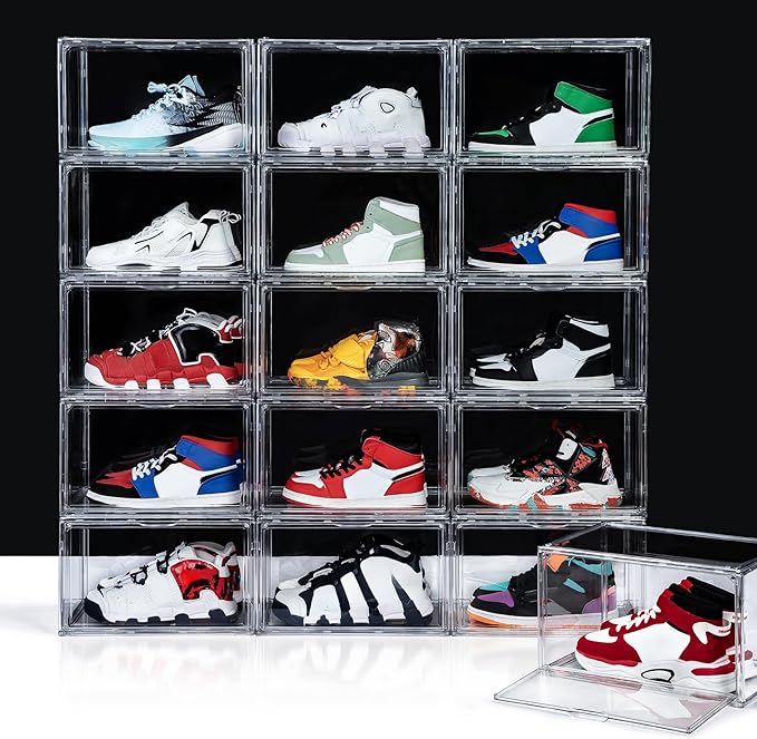 12 Pack Shoe Boxes, Acrylic Clear Shoe Boxes,360Â°Clear Plastic Stackable Shoe Display Box, Larger Shoe Storage Boxes, Shoe Containers, fit up to Us size 14 (Side Open)