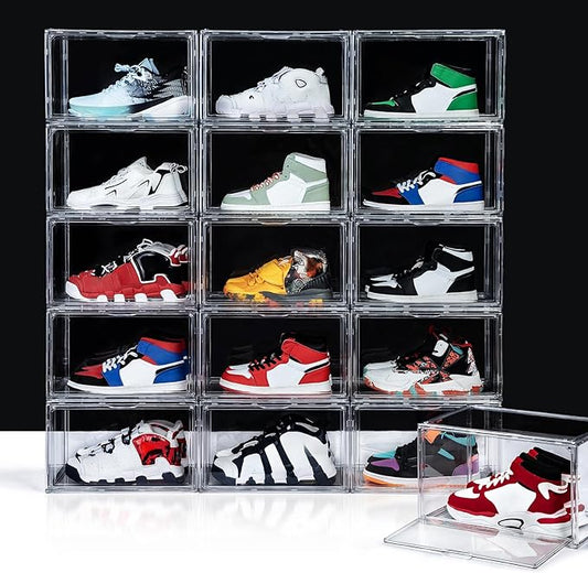 12 Pack Shoe Boxes, Acrylic Clear Shoe Boxes,360Â°Clear Plastic Stackable Shoe Display Box, Larger Shoe Storage Boxes, Shoe Containers, fit up to Us size 14 (Side Open)