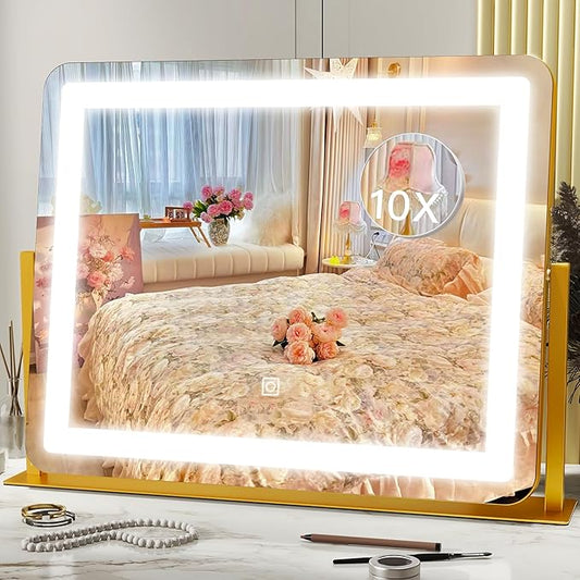 HNV Gold Vanity Makeup Mirror with Lights, 22"x17" Large Lighted Vanity Mirror, Dimmable LED with 3 Color Touch Lighting, Tabletop Mirror for Desk or Bedroom, 360Â° Rotation